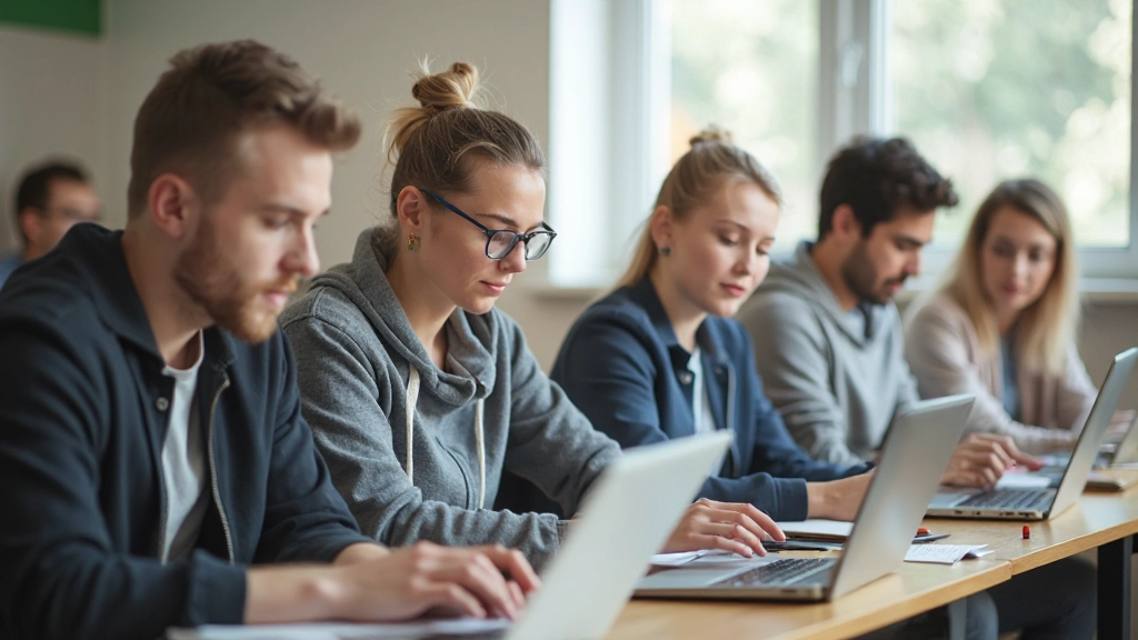 Студенты работают над проектом в современной учебной аудитории