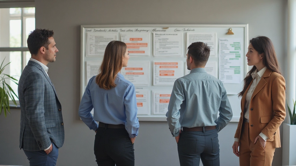 Команда проводит ежедневный стендап-встречу у доски с карточками задач