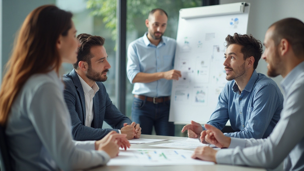 Команда менеджеров обсуждает проектный план в конференц-зале с визуальной доской планирования