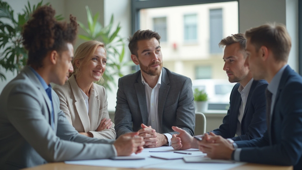 Группа профессионалов, обсуждающих стратегию в современном офисе