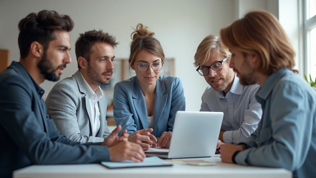 Команда разработчиков обсуждает архитектуру приложения у доски с диаграммами и схемами