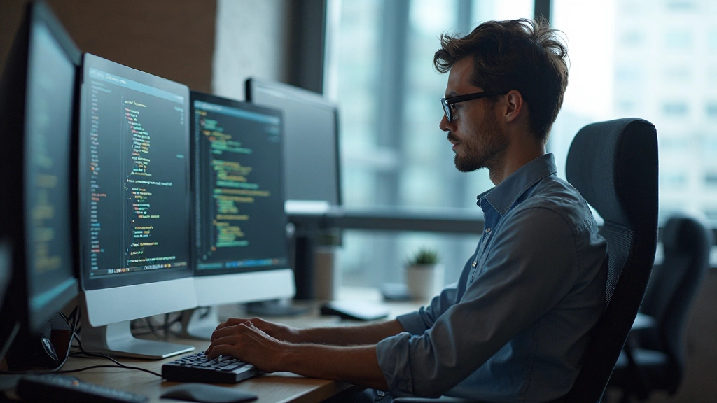Рабочее место разработчика с несколькими мониторами, показывающими код и дизайн интерфейса