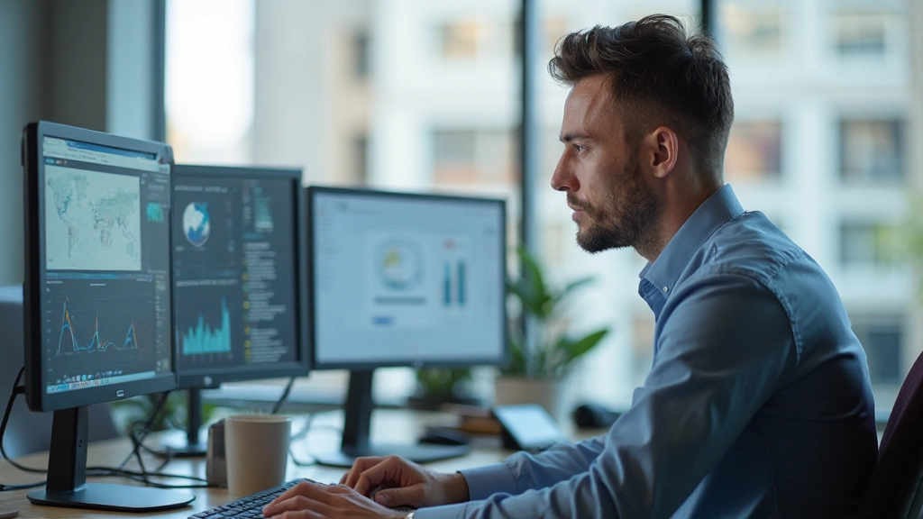 Менеджер проекта работает за компьютером с интерфейсом управления задачами на экране