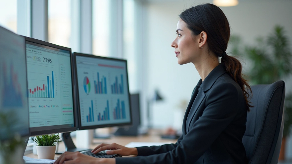 Маркетолог работает с различными инструментами на нескольких мониторах в офисе